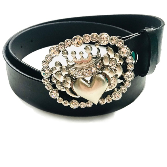 Accessories - Irish Claddagh Jeweled Buckle Black Leather Belt